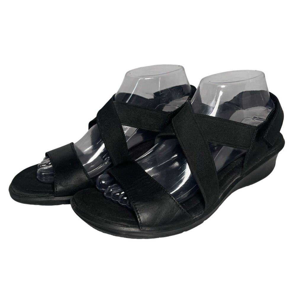 Ecco Finola Sandals Ankle Strap Wedge Black Women 9-9.5